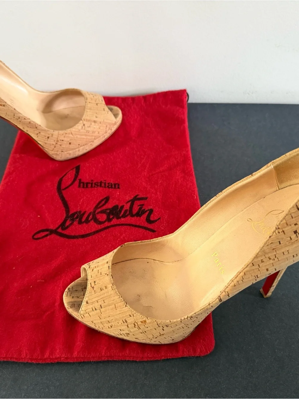 Christian Louboutin Cork Peep-Toe Stilettos with Red Sole